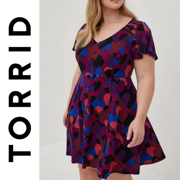 Flutter Mini Dress - Studio Knit Multi Heart, Faux Button Front, V Neck, Size 2 - Picture 1 of 16